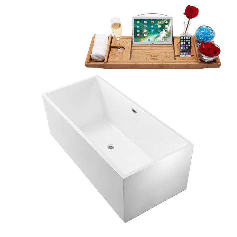 66" Streamline Freestanding Soaking Acrylic Bathtub With Drain and Bamboo Tray, Brushed Nickel