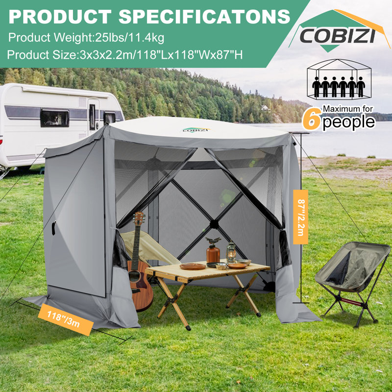 Pop Up Gazebo Screen Tent Screen House for Camping, 10x10 Screen Room with Mosquito Netting, Grey