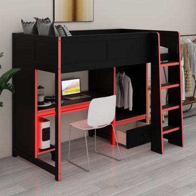Lit de jeu en bois avec bureau intégré, garde-robe, DEL et tiroir, lit mezzanine pour chambre d'enfant, aucun sommier requis