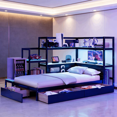 Lit plateforme moderne avec tiroirs de rangement, station de charge intégrée, tablettes lumineuses et panneau perforé, lit de jour réversible peu encombrant