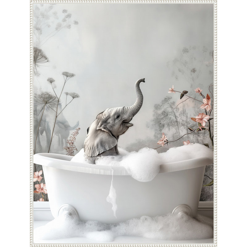 «Elephant Bath Bliss» par Hostetter, reproduction d'art sur toile encadrée, H 42 po x l 32 po