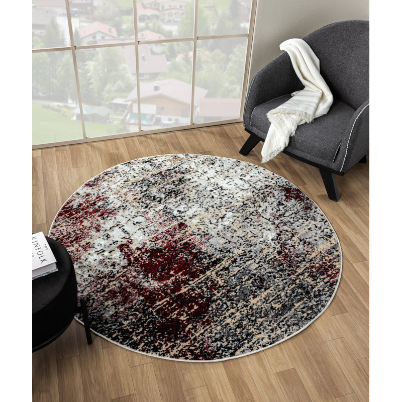Vladya Black/Red Abstract Area Rug, Round 7'10"