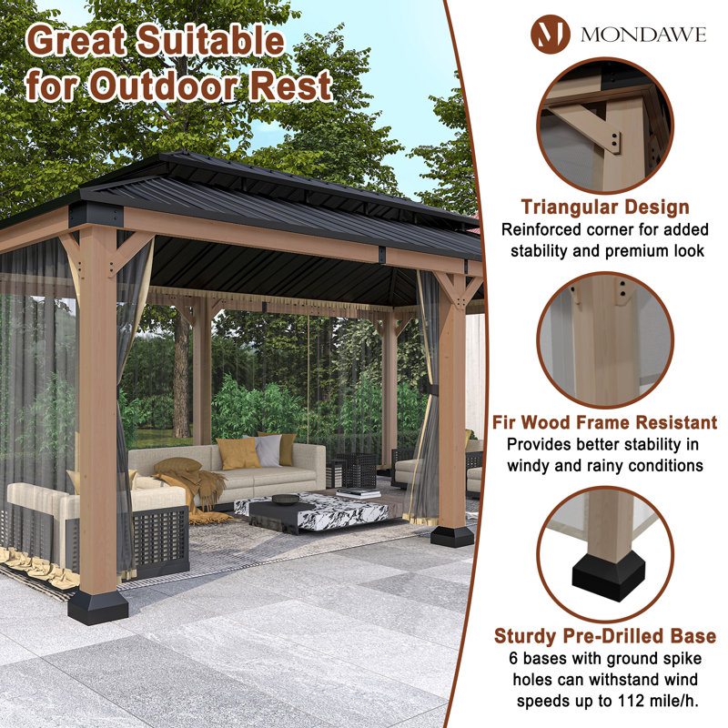 Beverly Hills 20-ft x 12-ft Cedar Wood and Black Steel Patio Gazebo
