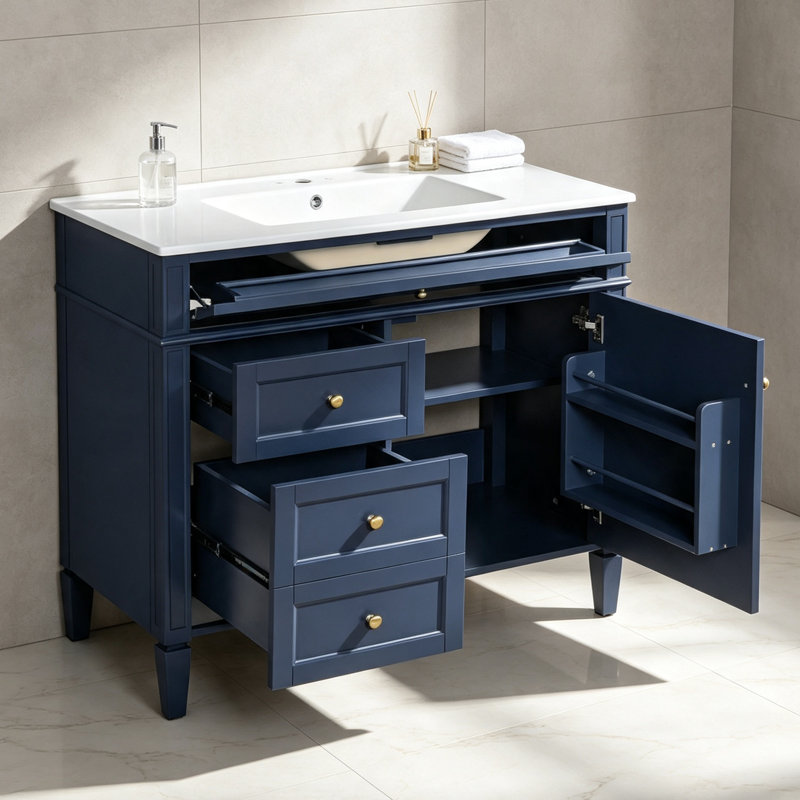 36'' Freestanding Single Sink Bathroom Vanity with Ceramic Top, Blue