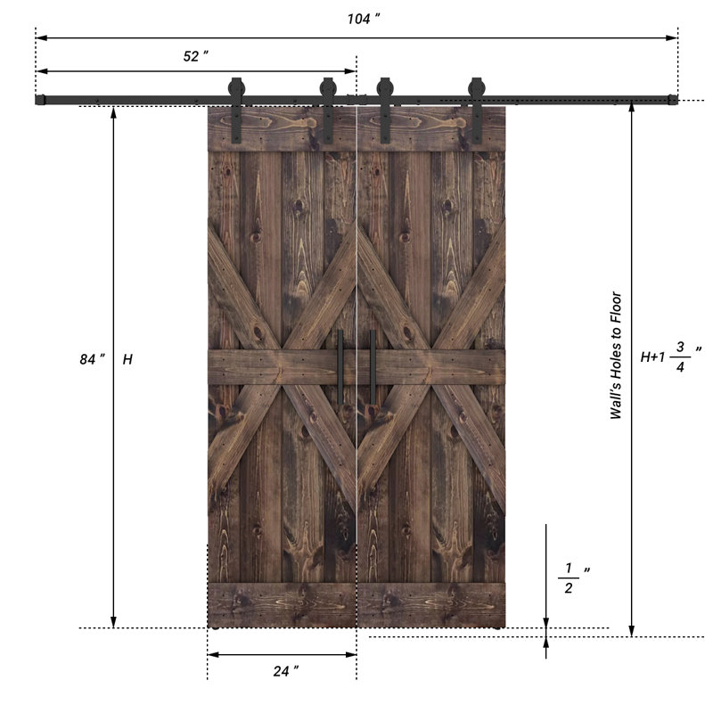 Porte de grange lambrissée peinte en bois et en métal avec trousse de quincaillerie d'installation, Brun foncé, 48 po x 84 po