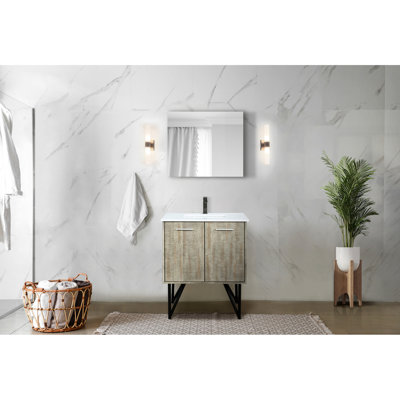 Rustique 30 po Meuble-lavabo W, comptoir en quartz blanc, robinet en métal, miroir 28 po