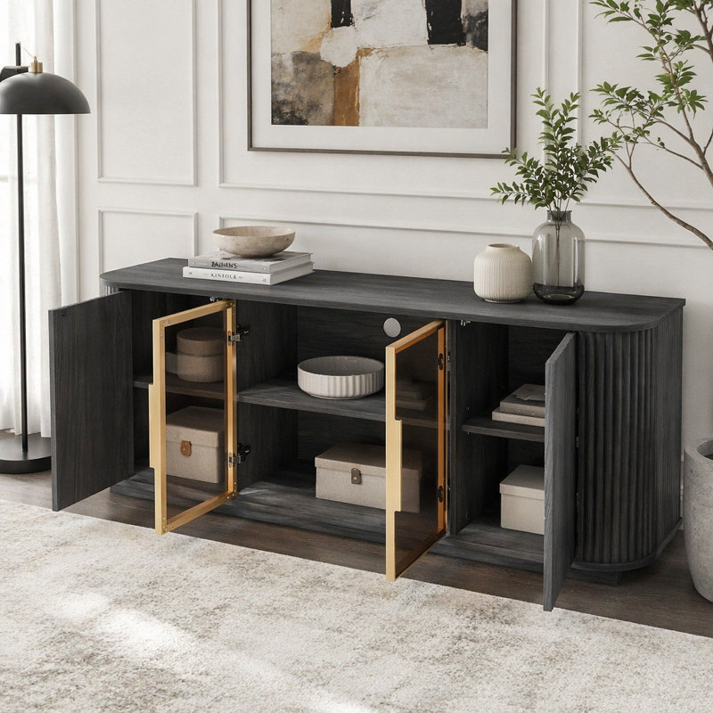 Buffet 64 pouces, armoire de rangement à rayures verticales en bois