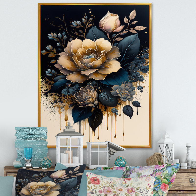 Bleu marine et rose doré I - reproduction sur toile, H 20 po x l 12 po x P 1 po, Toile avec cadre flottant or