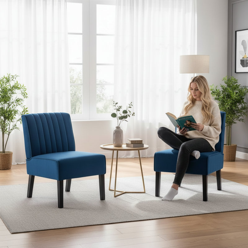 2 piece Channel tufted back slipper chair, Dark Blue