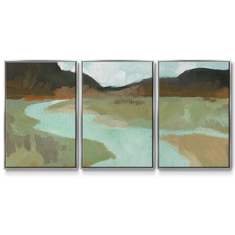 Coldwater Hills II, peinture sur toile 3 pièces, H 36 po x l 75 po, Encadrement argenté