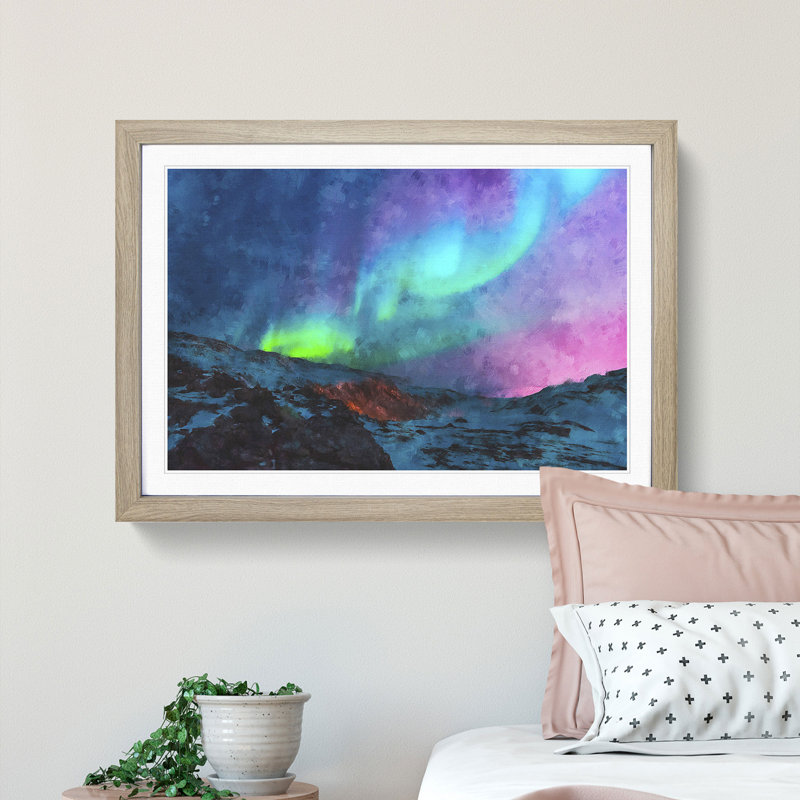 The Northern Lights Aurora Borealis - Picture Frame Painting Print, 33cm H x 45cm W x 2cm D, Oak Framed
