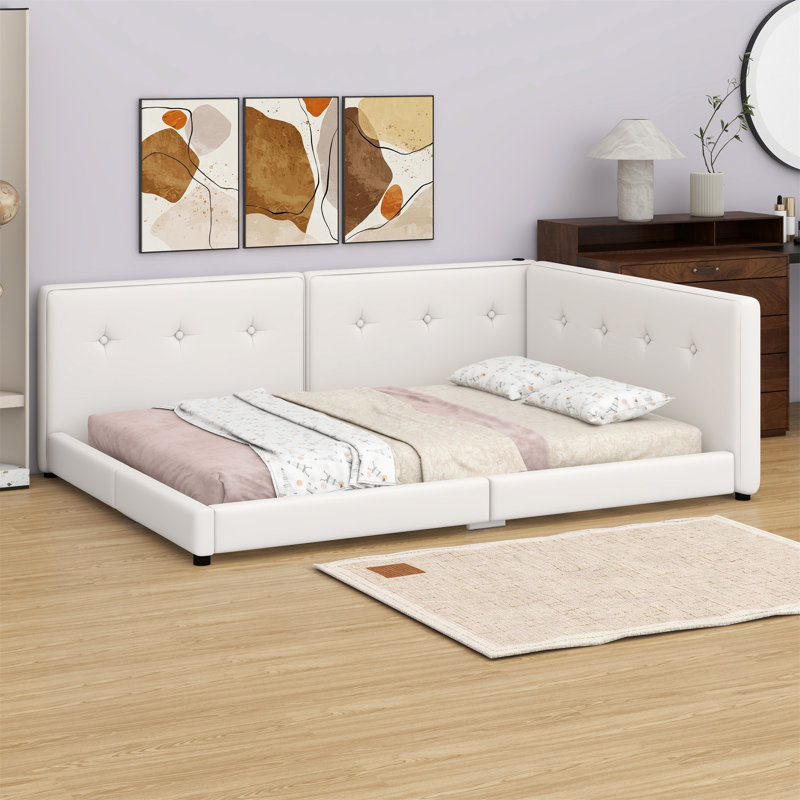 Lit plateforme tapissier avec ports USB, Beige