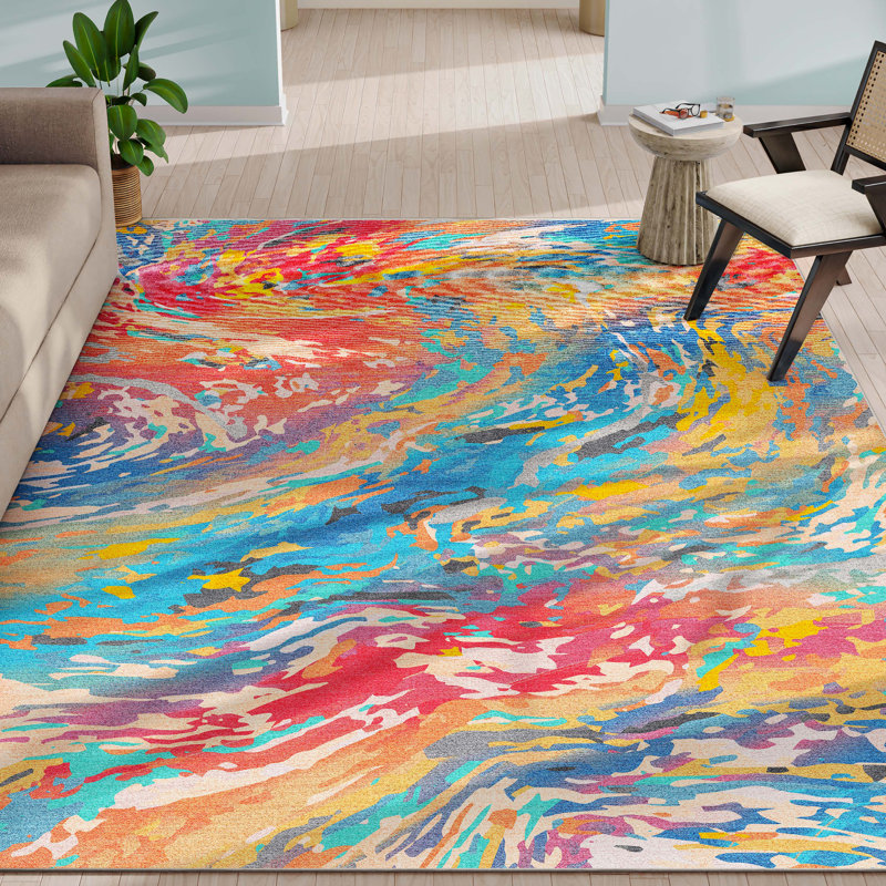  Tapis multicolore à tissage plat en marbre abstrait Abstract Harmony Boho, Rectangle 7 pi 7 po x 9 pi 10 po