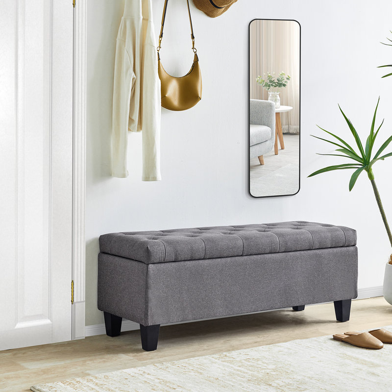 Jalob 42'' W Storage Ottoman Bench, End of Bed Storage Bench, Button Tufted Fabric Storage Ottoman, Solid Wood Leg, Safety Hinge, 330 LBS Load, Ottoman with Storage for Bedroom Living Room Entryway