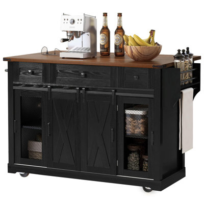 58" Farmhouse Kitchen Island with Storage, Sliding Barn Door & Metal Grid Side Door, Rolling Kitchen Island on 5 Wheels with Spice Rack, Glass Holders,Island Table with Drop Leaf for Kitchen,Black