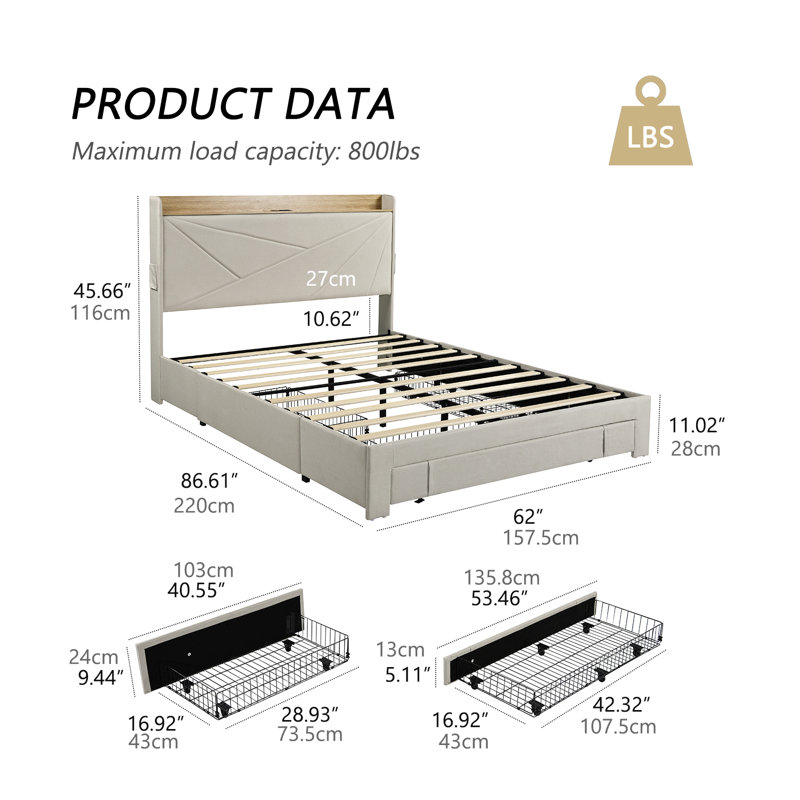 Grand lit ， Lit plateforme confortable avec tiroirs de rangement - Un mélange de confort, de fonctionnalité et de design chic, aucun sommier nécessaire, assemblage facile （Beige）