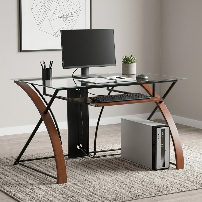 Taber 47''W Glass Top Computer Desk with Keyboard Tray