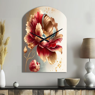 Bold Red Floral Design I - Floral Asymmetrical Metal Wall Clock, Red Arch Wall Clock Print