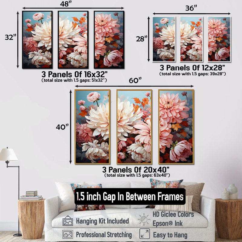 Ensemble de salon Chrysanthemums, collage rose et blanc, Cadre flottant doré, H 40 po x l 60 po x P 1 po