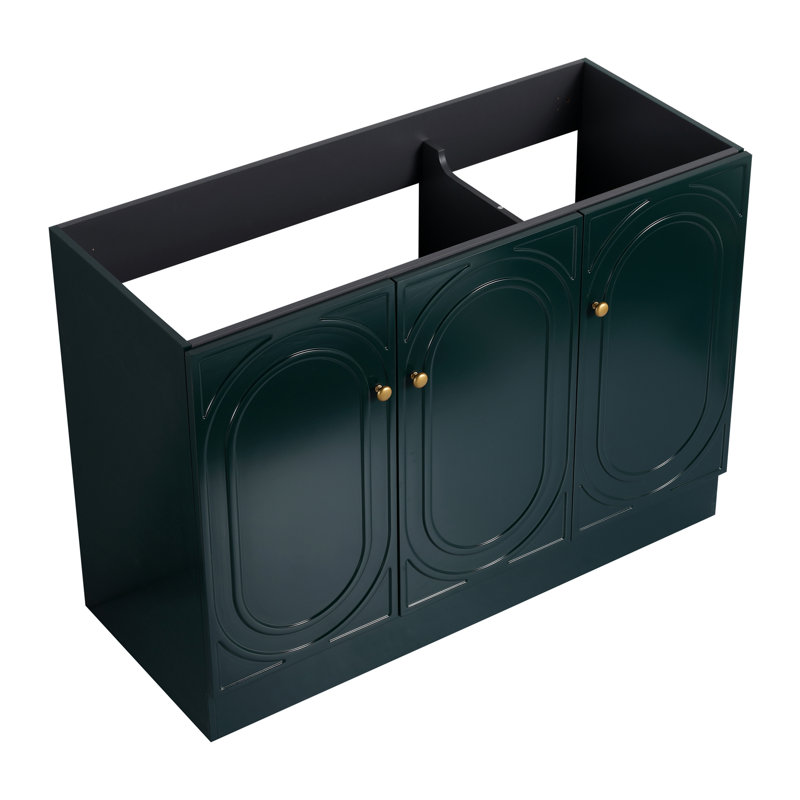 Meuble-lavabo autoportant avec lavabo en résine et portes d'armoire à fermeture en douceur, offrant des tablettes réglables et des poignées personnalisables pour une salle de bain moderne