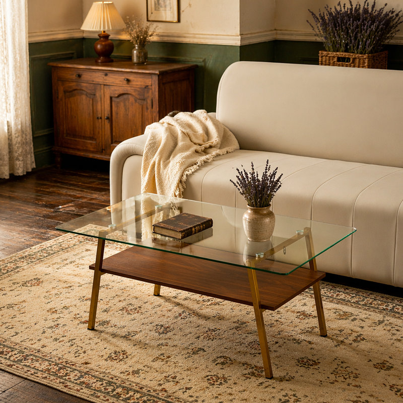 Table basse rectangulaire, plateau de table en verre trempé avec pieds en métal, Transparent, Gold/Brown