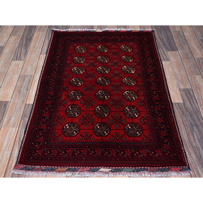 2'9"x4' Scarlet Red, Princess Bokara with Geometric Medallions Pattern, Vegetable Dyes, Soft Wool, Hand Knotted, Sample, Mat, Oriental Rug