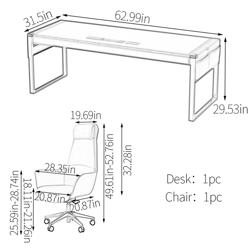 Refined Saddle Leather Desktop Desk, 29.53" H x 62.99" W x 31.5" D
