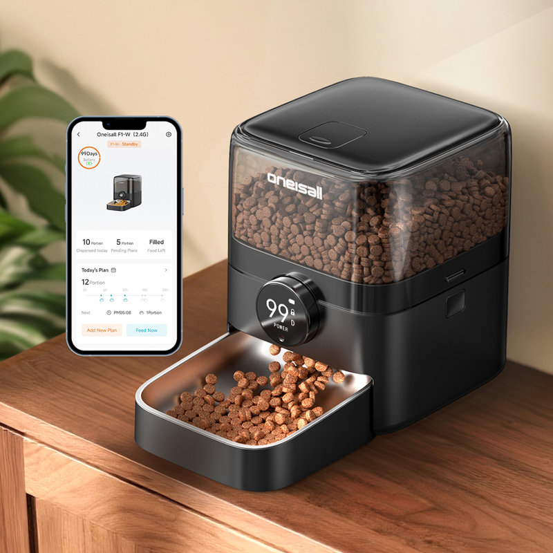 Mangeoire automatique pour chat sans fil Oneisall PF-06 WiFi, alimentateur pour animaux rechargeable à pile 100 jours, distributeur de nourriture pour chat 12 tasses / 3L pour les grandes croquettes, commande intelligente (noir)