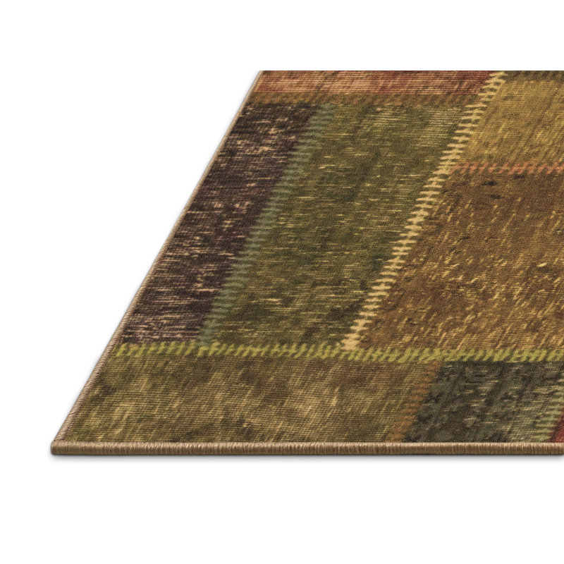 Tapis géométrique en laine / polyester tissé à la machine en brun / rouge / vert, Rectangle 2 pi x 3 pi