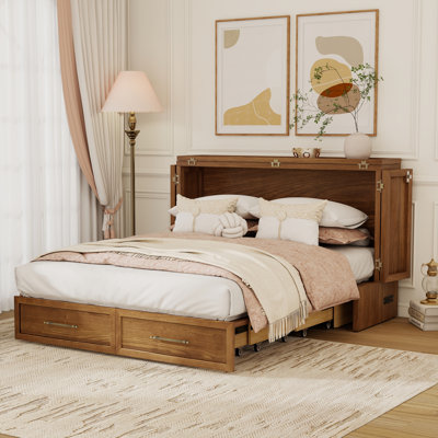 Armoire lit escamotable en bois massif - Grand lit, peu encombrant, design moderne, chêne rétro