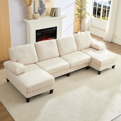 110" Corduroy Sectional Sofa with 2 Ottomans – High-Resilience Foam, Wood Legs, 4-Seat Design