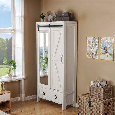 Armoire de rangement multifonctionnelle, garde-robe de chambre à coucher, garde-robe avec portes de grange coulissantes, tiroirs et miroir