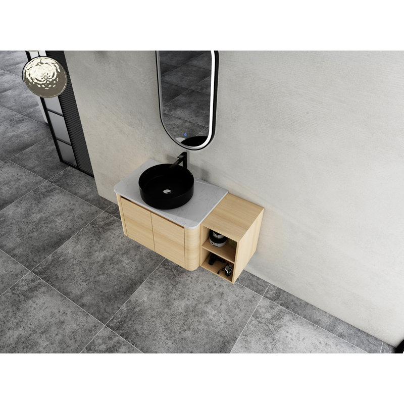 Meuble-lavabo mural de 107 cm avec lavabo en céramique artistique, 1 tablette de rangement et 45 poignées dissimulées. Expérience de salle de bain confortable. Matériau résistant aux égratignures et à l'eau pour les salles de bain.