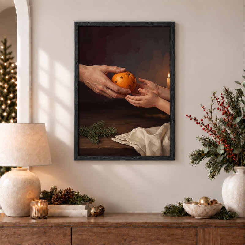 Hands Holding Studded Orange With Candlelight Christmas Canvas Wall Art, H 24 po x l 18 po