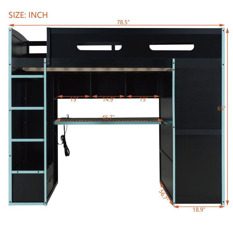 Lit mezzanine double Roomfitter avec bureau, garde-robe, rangement et éclairage RVB, bleu nuage, Bleu