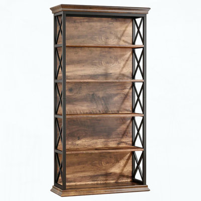 6-Tier Metal and Wood Bookshelf with X-Pattern Accents