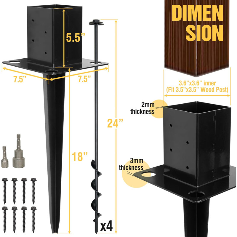 A set of four 4x4 inch fence post anchors, 24 inches long, with anchor bolts - black powder-coated metal