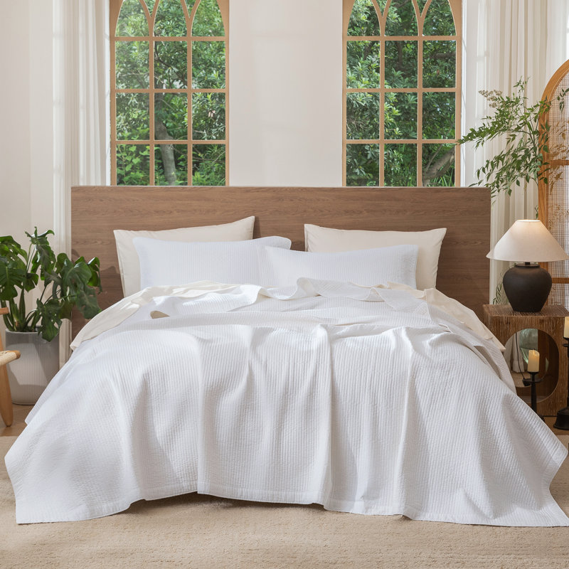 Ensemble de courtepointe à rayures 100% coton délavé, Courtepointe pour grand lit + 2 taies décoratives, Blanc brillant