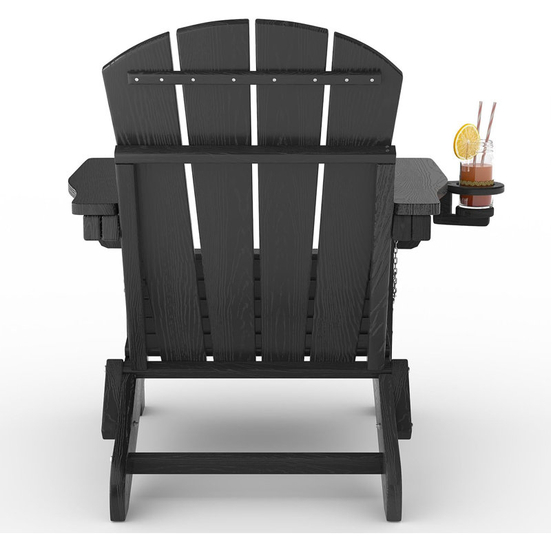 Folding Adirondack Chair Set Of 2, All-Weather HDPE Outdoor Chair, Wooden Textured With Cup Holder For Patios, Decks, Gardens, Fire Pits, Black