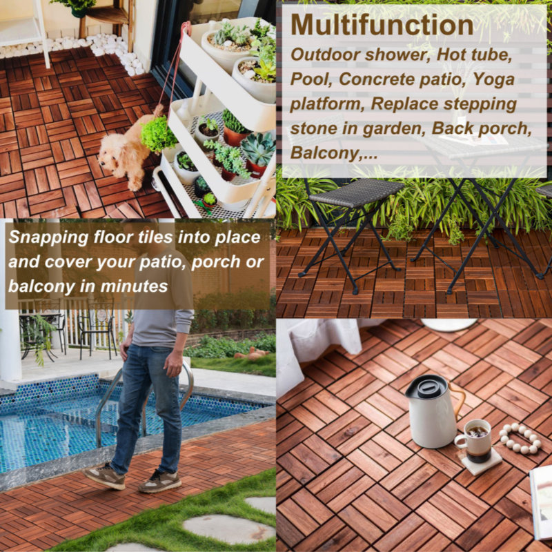 12 in. x 12 in. Outdoor Checker Square Wood Interlocking Waterproof Flooring Deck Tiles in Brown (Set of 20 Tiles)