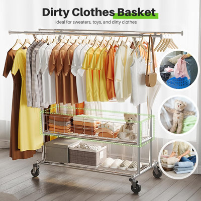  670lbs Heavy Duty Double Clothing Garment Rack with Shelves and Metal Basket Clothing Racks on Wheels Rolling Clothes Rack for Hanging Clothes