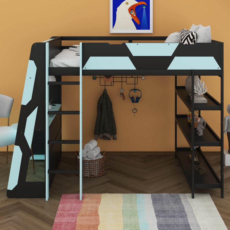 Lit mezzanine double pour lit double avec bureau, structure de lit mezzanine en bois massif avec lumières DEL, ports USB et tablettes, lit double pour jouer avec bureau