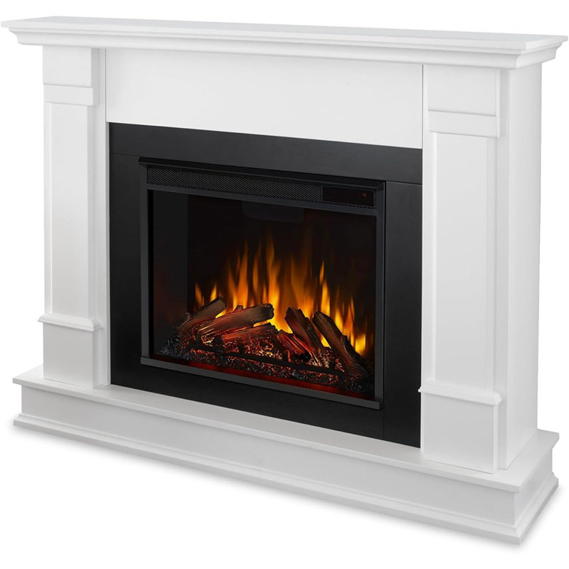 Foyer électrique avec manteau de cheminée, bûche réaliste et effet de flamme, télécommande et minuterie, blanc - meuble télé avec foyer / bois / moderne
