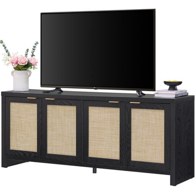 Boho TV Stand With 4 Rattan Storage Cabinets,  Farmhouse TV Entertainment Centre For Tvs Up To 65''