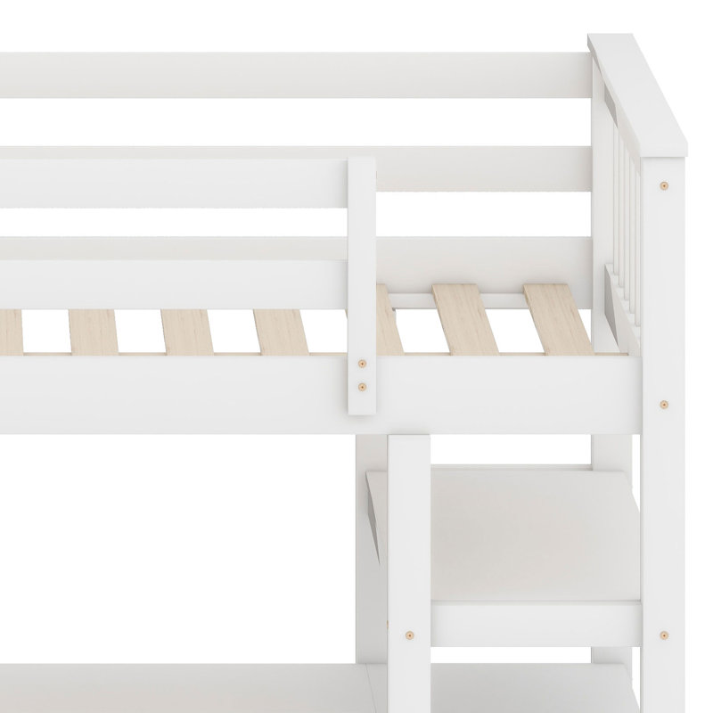 Structure de lit mezzanine avec tablettes de rangement et bureau sous le lit, Blanc