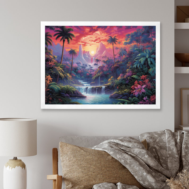 Décoration murale rose, vert, crépuscule I - Paysages, H 30 po x l 40 po, Black Floater Framed
