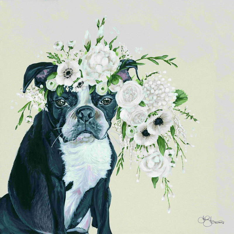 " Dog And Flower ", 30" H x 30" W, Yes, Walnut Single Picture Framed
