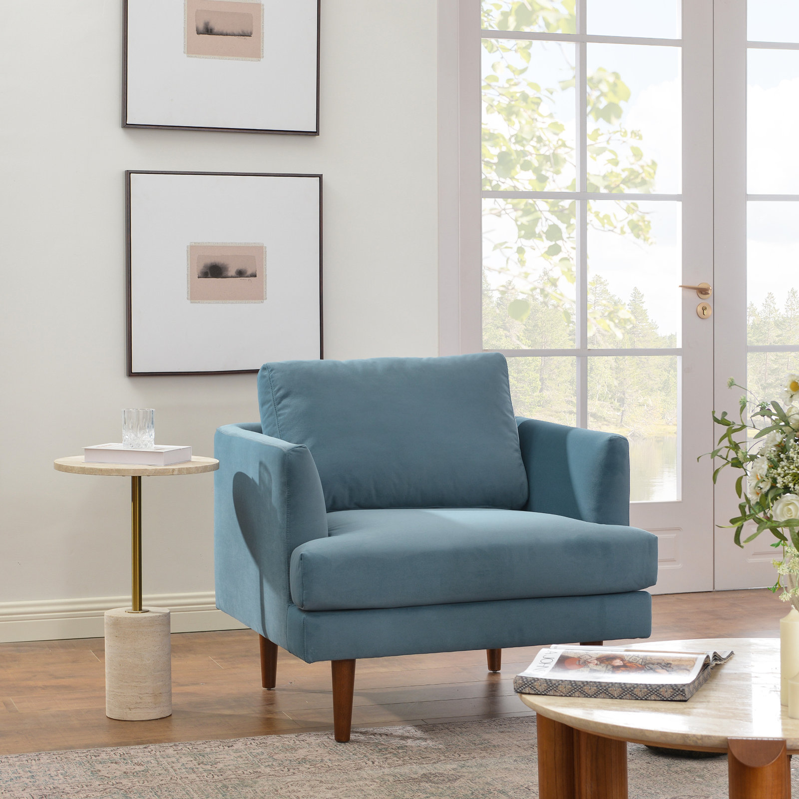 Miller Walnut Armchair, Blue Velvet