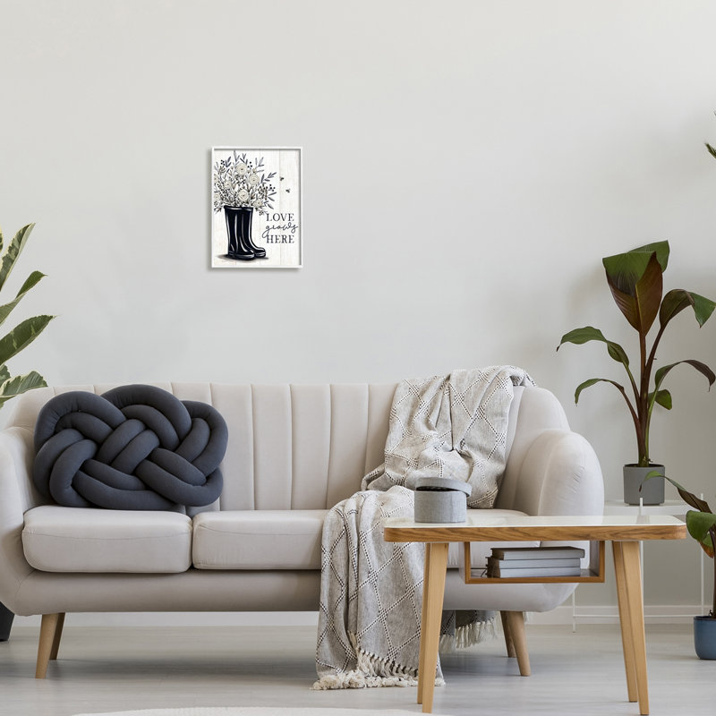 «Love Grows Here» blanc, H 11 po x l 11 po x P 1,5 po, Giclée encadrée blanc bord de mer