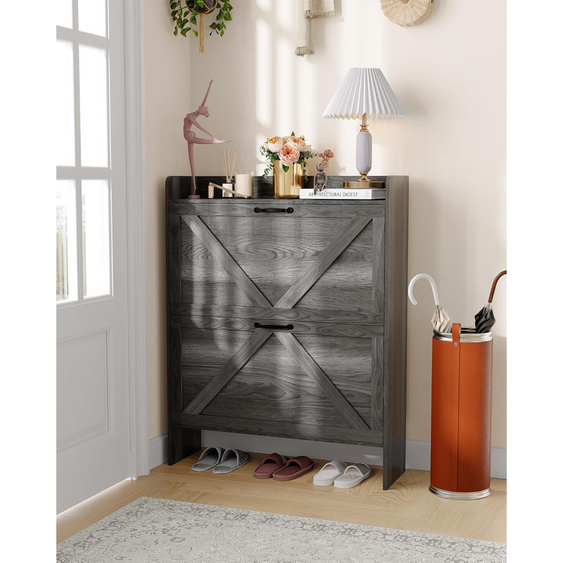 Shoe Storage Organizer with 2 Flip Drawers, Farmhouse Shoe Cabinet, Black